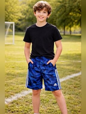Adidas Boys Size 10/12 Blue Camo Athletic Shorts Elastic Waist Performance